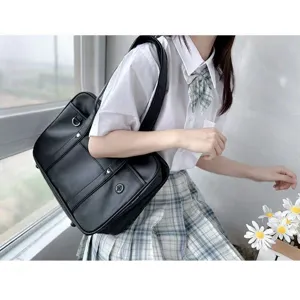 Black PU leather Japanese style JK uniform school shoulder bag casual daily detail view.