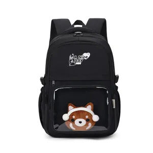 Japanischer Ita-Rucksack in Schwarz mit klarem Sichtfenster und süßem Plüschdekor für Mädchen.