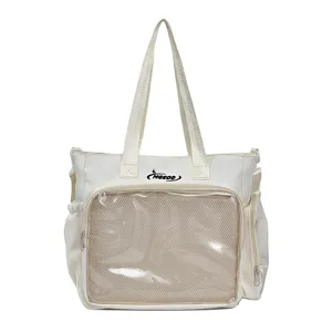 Beige canvas ita bag with clear window, large capacity tote bag for pins and badges.