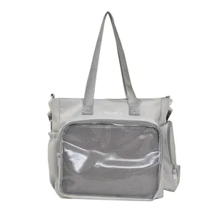 Grey ita tote bag with clear PVC front window for pins and badges display daily use