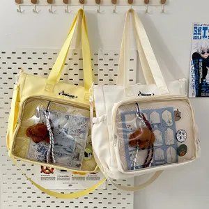 Japanese sweet large capacity ita bag canvas tote bag with transparent window and cute plush.