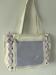 Japanese style ita bag large capacity soft leather transparent mesh shoulder bag with purple ribbons