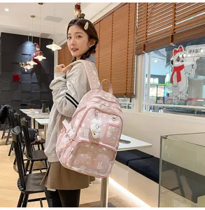 Pink star print backpack cute large capacity school bag with clear front pocket for girls