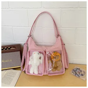 Pink ita bag clear pocket shoulder backpack, cute doll display window casual daypack.