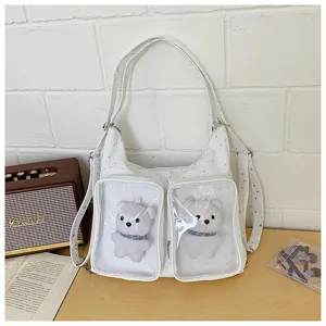 White ita bag with star print and transparent front pockets for 20cm dolls, cute crossbody backpack.