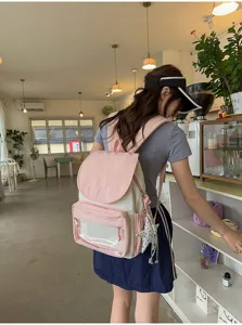 Detailed view of casual pink white ita backpack with clear window and cute star pendant daily use