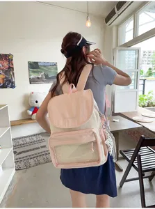 Pink cream canvas backpack detail, casual daily travel school bag with transparent front pocket.