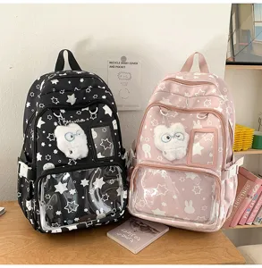 Japanese style cute star double shoulder backpack with multi compartments and clear pocket for students.