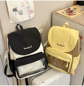 Detail view of the stylish waterproof backpack with transparent front pocket and dual color design.