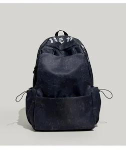Mochila de lona negra estilo vintage con letras góticas, mochila casual espaciosa para viajes.