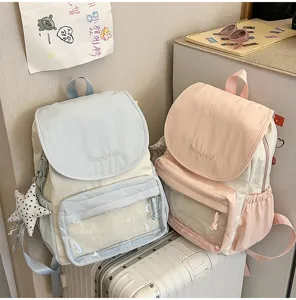 Casual waterproof backpack with clear front pocket and flap design for daily commute travel.