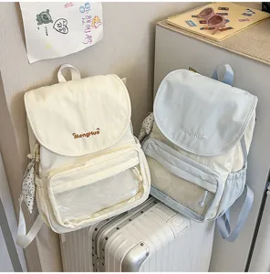 Minimalist lightweight casual backpack with transparent front pocket for travel and commute.