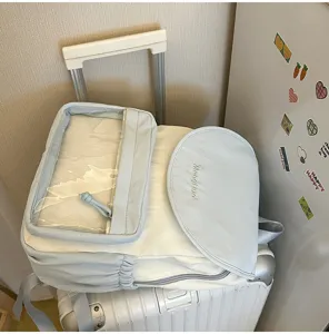 Minimalist lightweight backpack with clear front pocket, chic casual travel daypack for women.