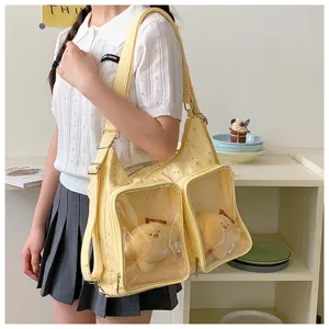 Yellow clear pocket ita bag for 20cm dolls, cute star pattern canvas crossbody shoulder bag.