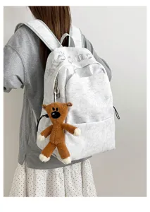 Mochila casual gris jaspeado con bordado gótico y colgante de oso lindo para uso diario.