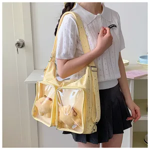Canvas ita bag with clear dual front pockets cute plush doll shoulder crossbody bag daily use.