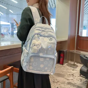Japanese style cute star pattern school backpack with plush pendant for student girls.