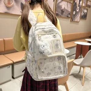 Japanese style school backpack with cute stars, clear front pocket, and large capacity.
