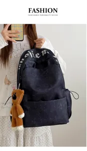 Mochila escolar negra de gran capacidad para mujer, mochila de viaje casual con osito colgante