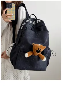 Mochila de lona estilo coreano gran capacidad bolsa escolar con colgante de osito