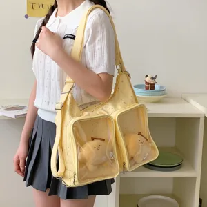 Yellow ita bag canvas backpack with double clear PVC pockets for cute plush dolls daily commute
