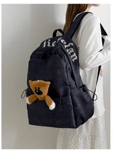 Moderna mochila informal de gran capacidad estilo coreano con colgante de oso para la escuela.