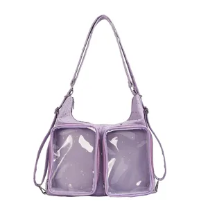 Purple ITA bag with clear front pockets, versatile shoulder backpack for dolls and daily use.