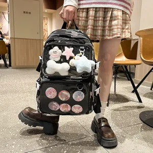 Japanese anime style itabag backpack detail showing clear transparent window for pins and plushies.