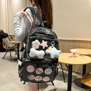 Japanese anime style ita backpack large capacity black school bag with transparent badge window