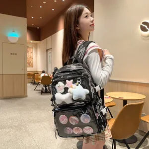 Detail view of a Japanese anime ita backpack with transparent display window for pins and dolls.