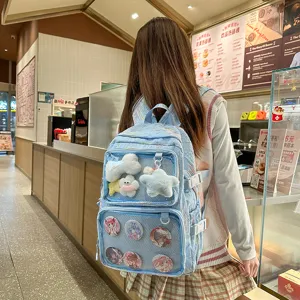 Detailed view of the cute blue ita backpack with transparent window and anime badges.