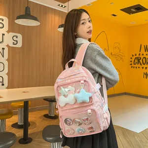 Japanese anime style large capacity pink ita bag backpack with transparent pocket and pins.