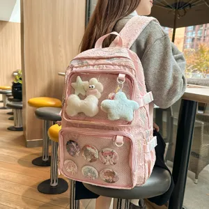 Japanese anime style ita backpack large capacity pink clear pocket pin display school bag
