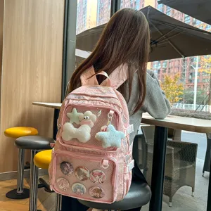 Japanese anime style ita backpack with transparent pocket, large capacity school bag for girls.