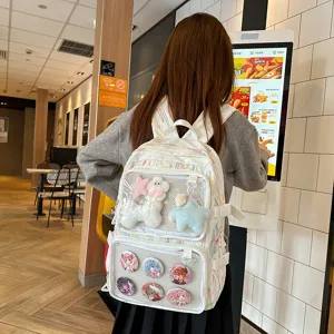Transparent ita bag backpack with clear front pocket for anime badges and plush toys display.