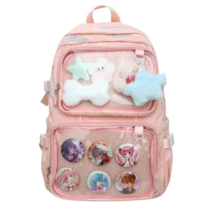 Pink anime ita backpack with clear front pocket for pins, badges and plushies cute school bag