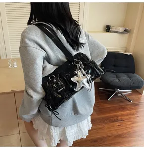 Black patent leather shoulder bag, retro pleated bag with star charm, chic casual purse.