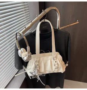 Solid color casual retro pleated shoulder underarm bag for women, soft large capacity purse.