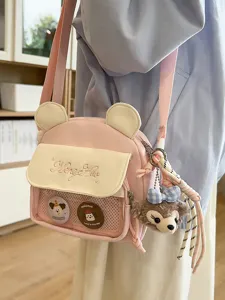 Joli sac à bandoulière en toile style japonais avec oreilles d'ours et charm en peluche.