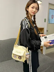 Sac bandouliere mignon japonais en toile avec oreilles d'ours et poche transparente style kawaii