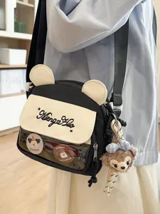 Sac à bandoulière en toile style japonais mignon sac ita avec oreilles d'ours et poche transparente.