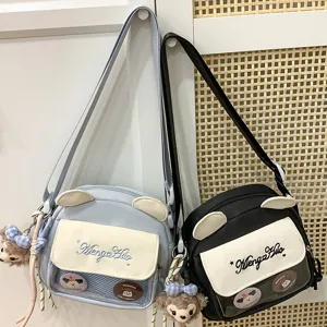 Sac bandoulière style japonais kawaii en toile avec fenêtre transparente et pendentif ours