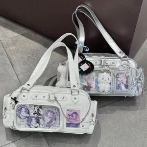 Detailed view of the clear window ita-bag with anime pins and plushies, daily crossbody style.