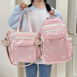 Pink white ita backpack set cute transparent front pocket school anime travel bag