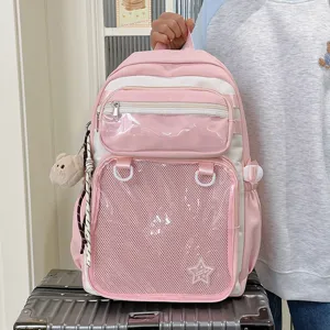 Pink and white cute ita backpack with clear window pocket and mesh front for students daily use.