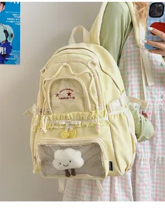 Cute Japanese style canvas backpack with transparent pocket, large capacity school bag for girls.