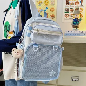 Light blue white student backpack ita bag with front mesh pocket cute bear pendant for school