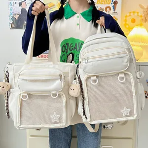 Detail view of white Japanese style JK pain backpack with transparent mesh pocket and cute bear.