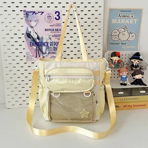 Canvas ita bag with clear pocket multi-pocket cute yellow shoulder bag for students.