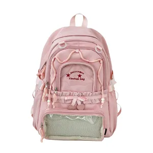 Cute Japanese style pink backpack large capacity school bag with clear window for girls students